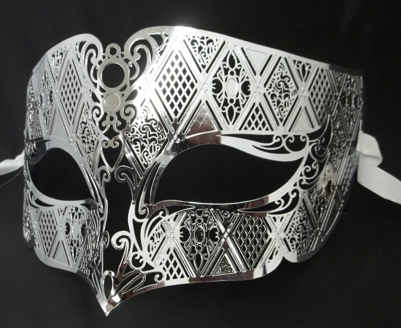 Silver Male Diamond Design Laser Cut Venetian Masquerade Metal Filigree Mask Men 