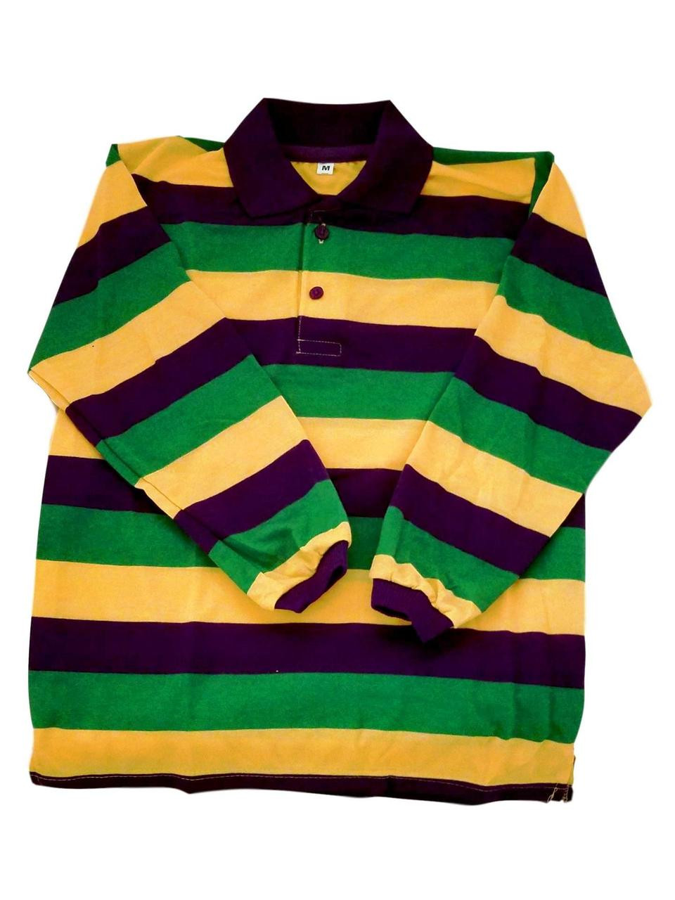 Child Large Mardi Gras Stripe Purple Green Yellow Long Sleeve Polo Shirt