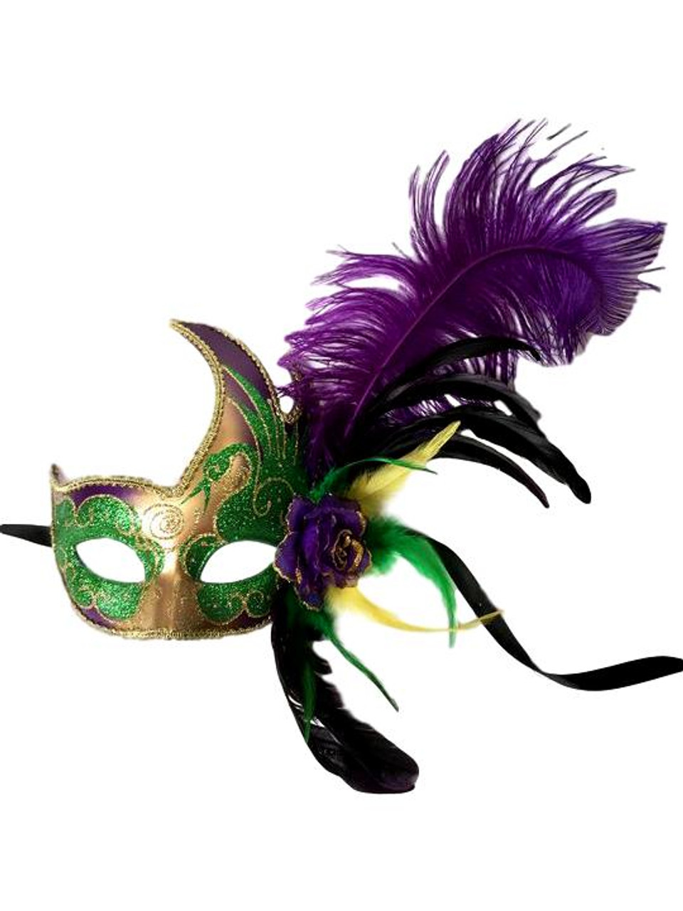 Purple and Green Paper Venetian Mardi Gras Mask with Beautiful Feathers 