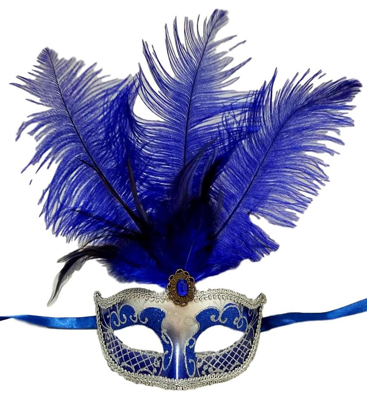 Royal Blue Feather Silver Venetian Mask Masquerade Mardi Gras 12