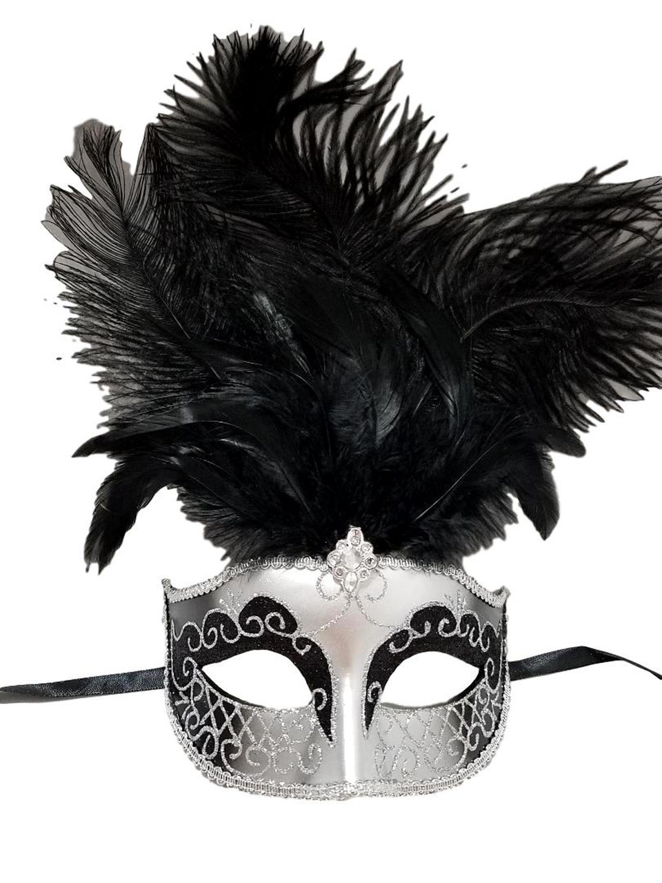 Venetian Feather Masquerade Mask with Stick - Silver Black