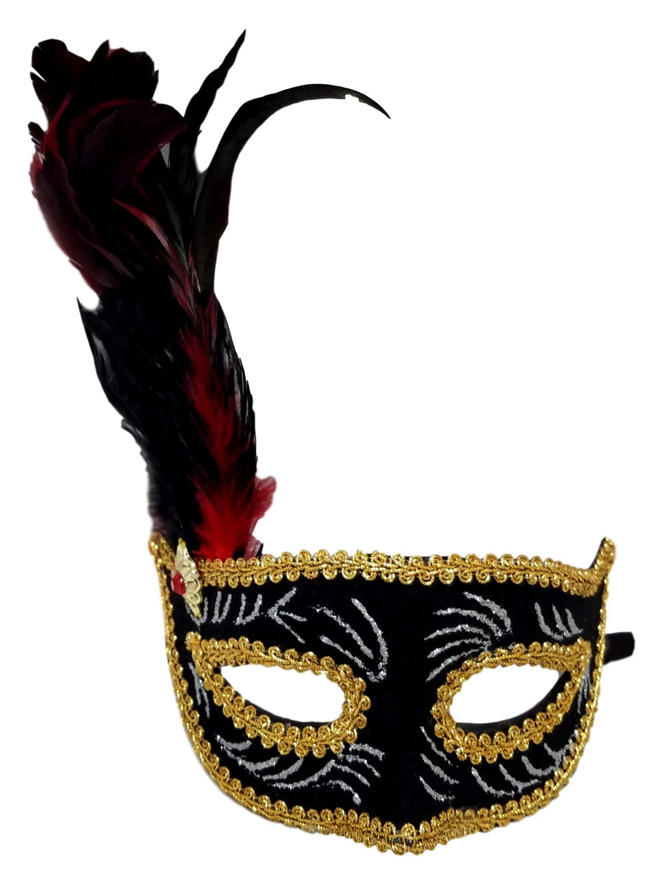 Black Velvet Red Ruby Silver Venetian Feather Mask
