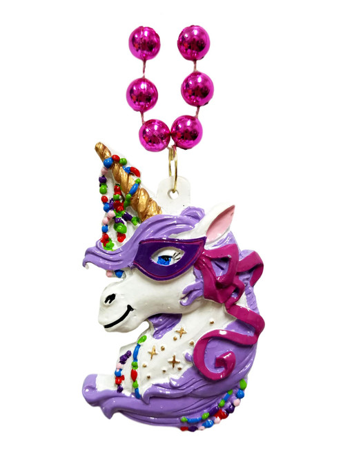 Hot Pink Masked Unicorn Mardi Gras Bead Necklace