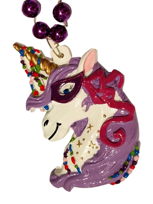 Purple Masked Unicorn Mardi Gras Bead Necklace