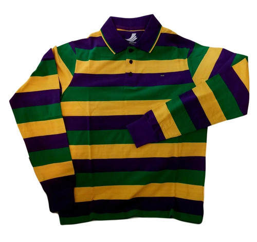 Adult Medium Mardi Gras Rugby Stripe Purple Green Yellow Long Sleeve Shirt