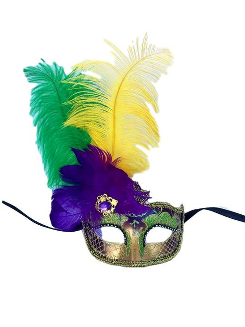 Purple Green Gold Venetian Mask Feather Masquerade Mardi Gras 12" New Purple Green Gold Venetian Mask Feather Masquerade Mardi Gras 12" New