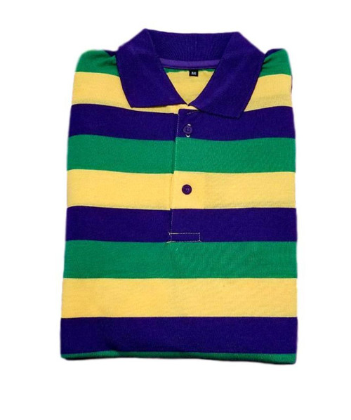 Adult 2X Mardi Gras Rugby Stripe Purple Green Yellow Long Sleeve Shirt