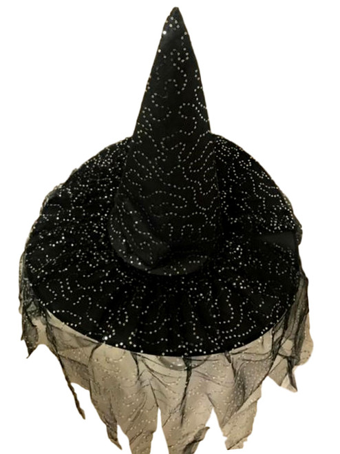 Black Witch Hat with Silver Sequin Netting and Veil Halloween