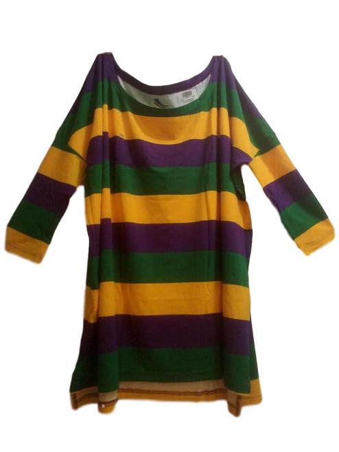 Off Shoulder Oversized S/M 12 -20 Mardi Gras Stripe Purple Green Yellow Womens Shirt Off Shoulder Oversized S/M 12 -20 Mardi Gras Stripe Purple Green Yellow Womens Shirt