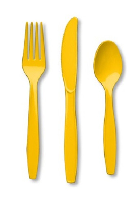 School Bus Yellow Heavy Duty 24 Ct Cutlery Forks Knives Spoons