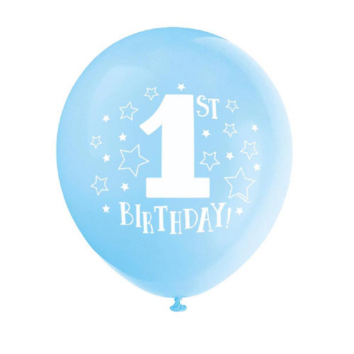 1st Birthday Blue Boy 8 pk 12" Balloons Stars Printed