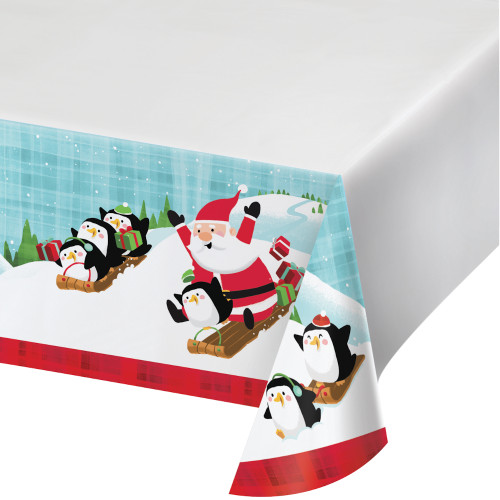 Santa and Penguins Tablecover Plastic 54 x 102 Border Print