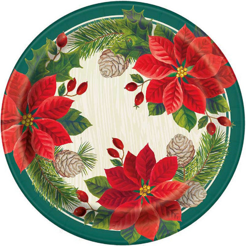 Red Green Poinsettia Christmas 8 Ct Paper 9" Luncheon Plates
