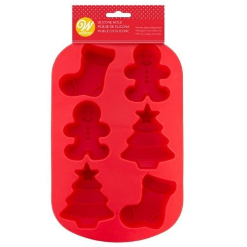 Wilton 6 cavity Stocking, Gingerbread Boy, Christmas Tree Silicone Mold Red