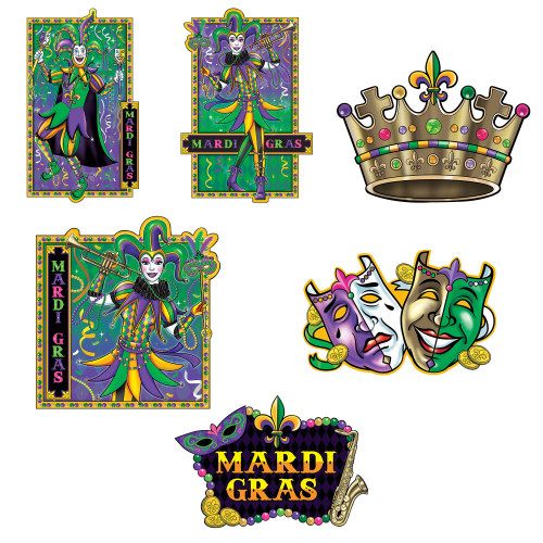 Mardi Gras Jumbo Cutouts Decorations 6 Ct Crown Jester Masks Mardi Gras Jumbo Cutouts Decorations 6 Ct Crown Jester Masks