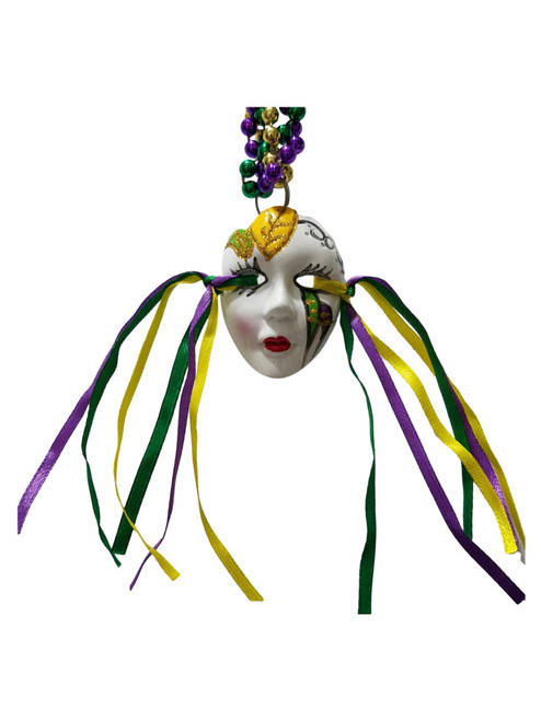 Ceramic Mask Face Ribbon Tri Strand Mardi Gras Beads Party Favor Necklace Ceramic Mask Face Ribbon Tri Strand Mardi Gras Beads Party Favor Necklace