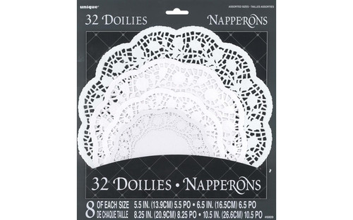 Value Pack 32 Ct White Paper Round Doilies 5.5, 6.5, 8.5, and 10.5 inches 