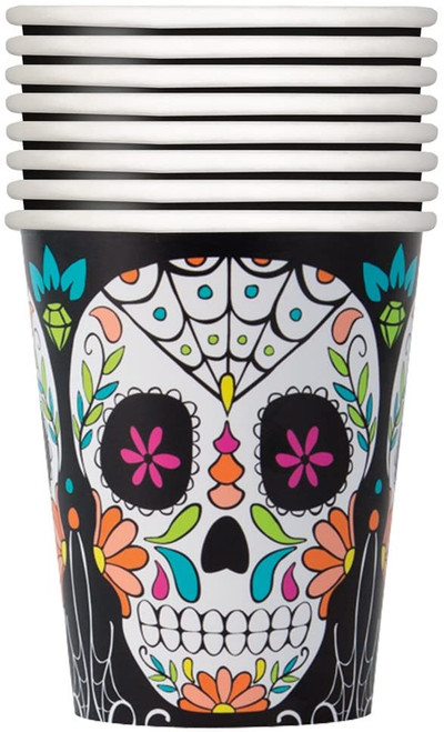 Skull Day of the Dead 8 Ct 9 oz Paper Hot Cold Cups Halloween