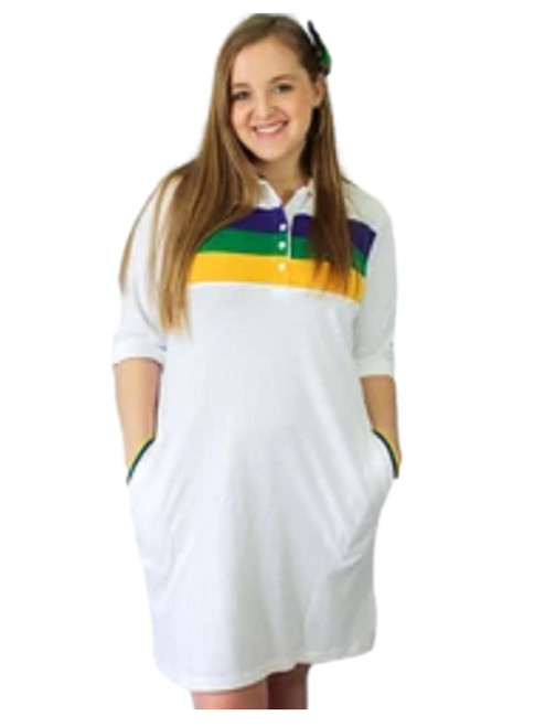 Womens 3X White Mardi Gras Dress Purple Green Gold Chest Stripe Pockets Womens 3X White Mardi Gras Dress Purple Green Gold Chest Stripe Pockets