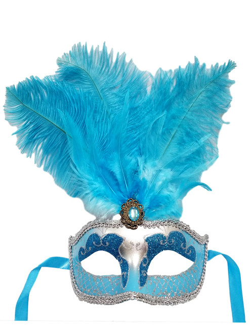 Light Turquoise Blue Silver Venetian Mask Feather Masquerade Mardi Gras Mask Light Turquoise Blue Silver Venetian Mask Feather Masquerade Mardi Gras Mask
