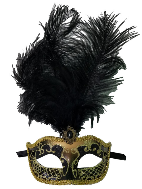 Black Gold Feather Venetian Masquerade Mardi Gras Jewel Mask 