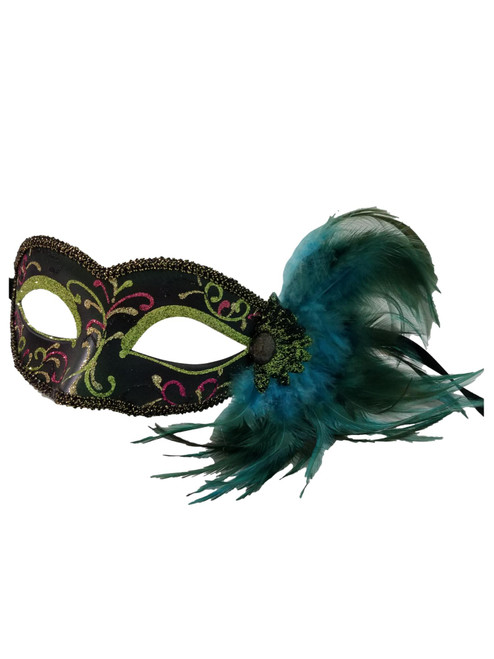 Black Green Gold Child Small Teen Adult Venetian Feather Mask Black Green Gold Child Small Teen Adult Venetian Feather Mask