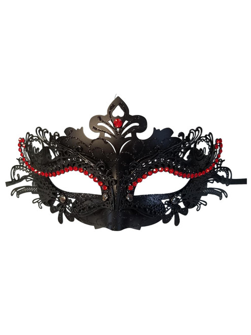Black Laser Cut Metal Filigree Red Crystals Venetian Masquerade Mask
