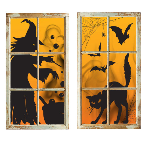 Witch and Cat Window Silhouettes Halloween Decoration