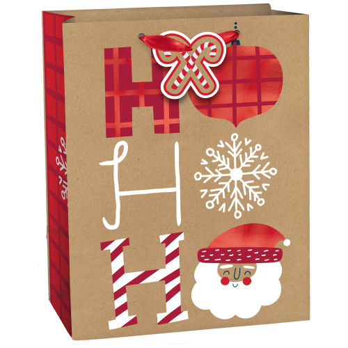 HO HO HO Kraft Foil Christmas Gift Bag with Tag 9x7x5 inch Medium Vertical