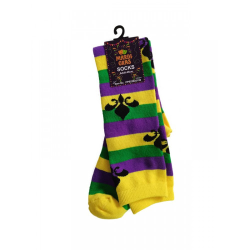 Mardi Gras Black Fleur De Lis on Purple Green Yellow Men's Stripe Long Socks One Size Mardi Gras Black Fleur De Lis on Purple Green Yellow Men's Stripe Long Socks One Size