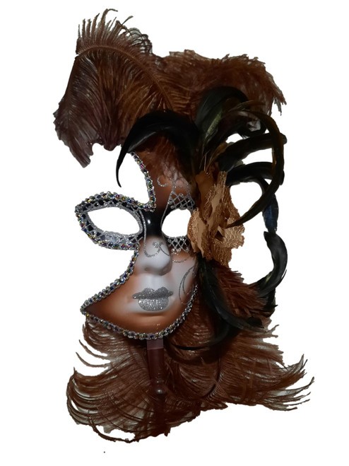 Brown Silver Fancy Feather Flower Stick Masquerade Mardi Gras Mask