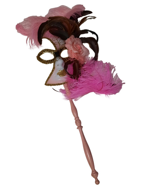 Pink Gold Fancy Feather Flower Stick Masquerade Mardi Gras Mask