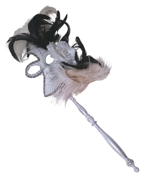 White Silver Fancy Feather Flower Stick Masquerade Mardi Gras Mask