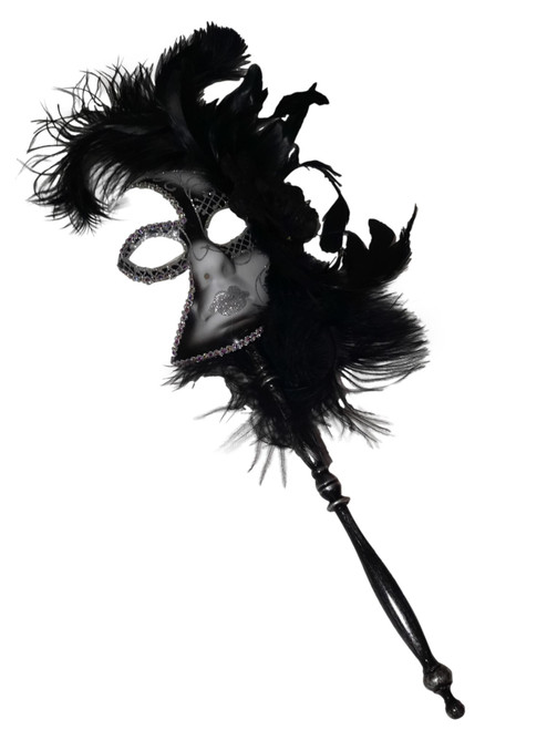 Black Silver Fancy Feather Flower Stick Masquerade Mardi Gras Mask