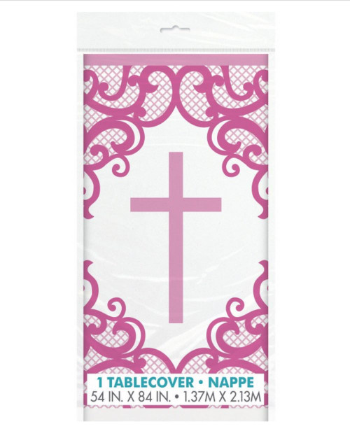 Fancy Pink Cross 1 Ct Plastic Tablecover 54 x 84 Baptism Confirmation Church