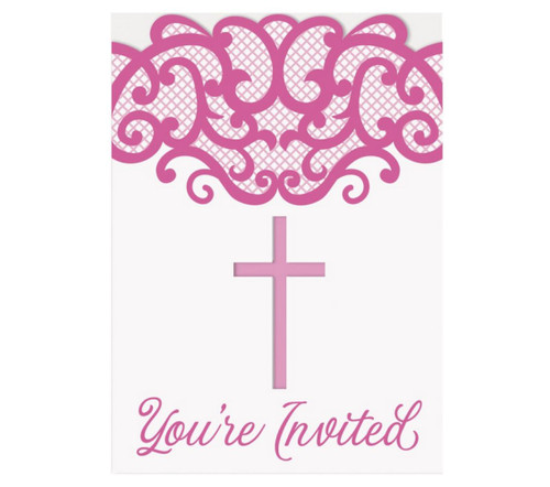 Fancy Pink Cross 8 Ct Invitations Baptism Confirmation Communion