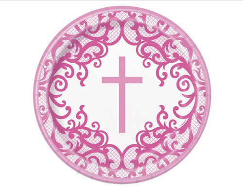 Fancy Pink Cross 8 Ct 7" Dessert Cake Plates Baptism Confirmation Church