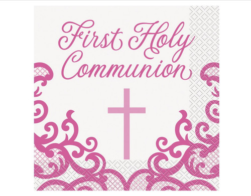 Fancy Pink Cross 16 Ct Lunch Napkins 1st Holy Communion