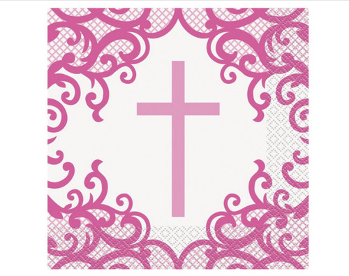 Fancy Pink Cross 16 Ct Lunch Napkins Baptism Christening