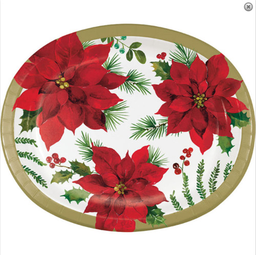 Posh Poinsettia Paper Oval Banquet Platters Plates 10 x 12 in 8 Ct