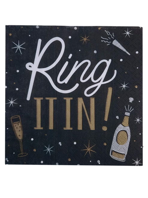 Ring It In New Year 16 Ct Beverage Napkins Black Gold Silver