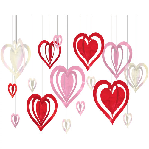Valentines Day Red White Pink 3D Foil Hearts Hanging Swirls 16 Ct