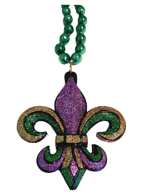 Glitter Purple Green Gold Fleur De Lis 36" Resin Bead Mardi Gras Necklace New Orleans