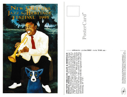 1995 New Orleans Jazz Festival Poster Post Card Armstong by George Rodrigue Blue Dog