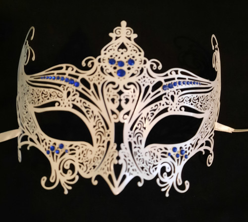 Regal White Blue Crystal Wedding Laser Cut Mask Metal Filigree Regal White Blue Crystal Wedding Laser Cut Mask Metal Filigree