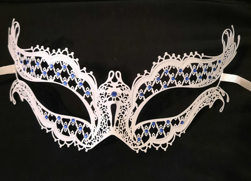 White Blue Crystal Gems Laser Cut Metal Filigree Mask Masquerade White Blue Crystal Gems Laser Cut Metal Filigree Mask Masquerade