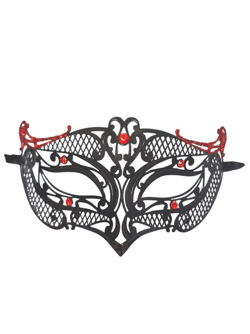 Small Black Red Crystals and Glitter Metal Laser Cut Masquerade Mask