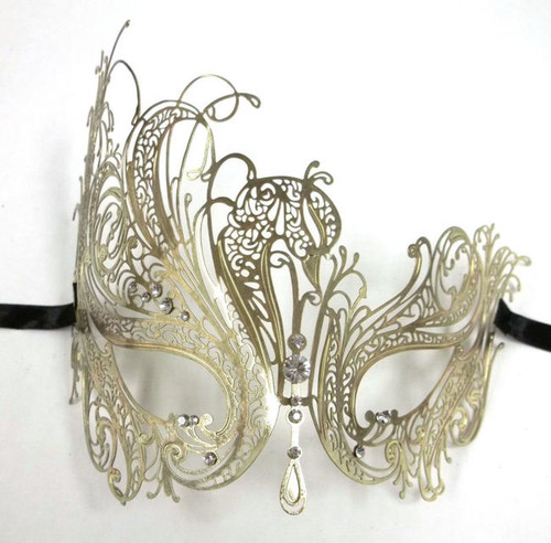 Gold Rhinestone Swan Laser Cut Venetian Mask Masquerade Metal Filigree