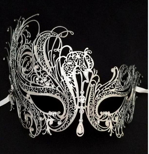 Silver Rhinestone Swan Laser Cut Venetian Mask Masquerade Metal Filigree