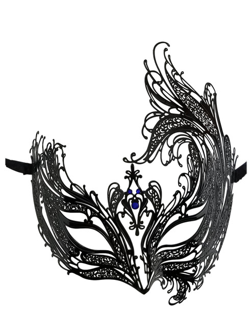 Black Bird of Paradise Blue Crystal Venetian Masquerade Metal Filigree Mask